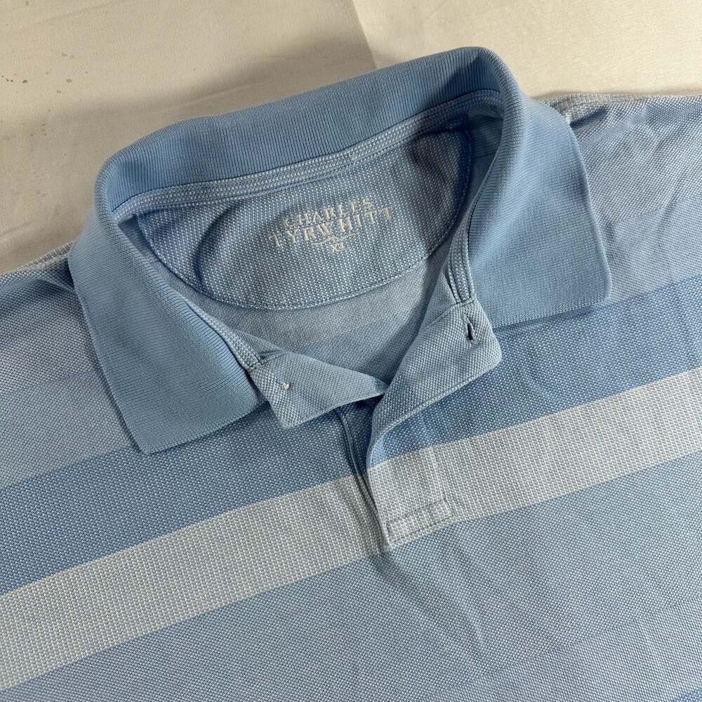 Charles Tyrwhitt Men's Light Blue Striped Cotton Piqué Polo Shirt